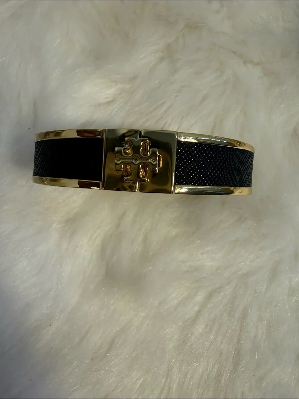 Tory Burch Black and Gold Logo Hinge Bangle